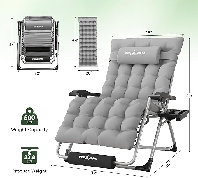 Amopatio Oversized Zero Gravity Padded Chair w/Removable Cushion&Headrest, XXL 33In Reclining Camping Lounge Chair Upgraded Lock and Footrest, Folding Patio Recliner for Indoor Outdoor, Grey