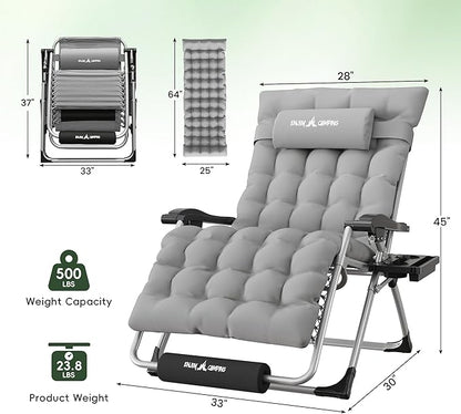 Amopatio Oversized Zero Gravity Padded Chair w/Removable Cushion&Headrest, XXL 33In Reclining Camping Lounge Chair Upgraded Lock and Footrest, Folding Patio Recliner for Indoor Outdoor, Grey