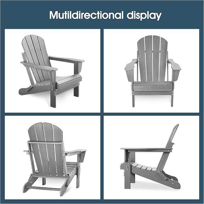 Folding Adirondack Chair, Patio Chair, Patio Adirondack Chair Weather Resistant, Outdoor Adirondack Chair, HDPE All-Weather Adirondack Chair for Fire Pit, Pool, Balcony, Backyard, Grey