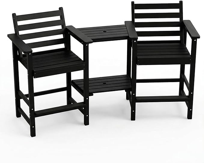 Kingdura Tall Adirondack Chairs Set of 2, Weather Resistant HDPE Bar Height Outdoor Stools with Removable Double Connecting Trays, Wooden Grain for Patio, Balcony, Deck (Black)