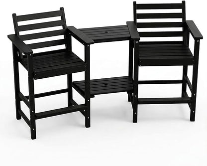 Kingdura Tall Adirondack Chairs Set of 2, Weather Resistant HDPE Bar Height Outdoor Stools with Removable Double Connecting Trays, Wooden Grain for Patio, Balcony, Deck (Black)