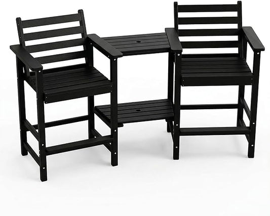 Kingdura Tall Adirondack Chairs Set of 2, Weather Resistant HDPE Bar Height Outdoor Stools with Removable Double Connecting Trays, Wooden Grain for Patio, Balcony, Deck (Black)
