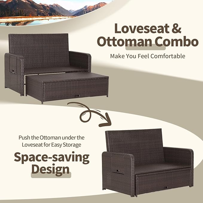 LDAILY Moccha Outdoor Daybed, Wicker Loveseat Sofa Set with 4-Postion Adjustable Backrest, Storage Ottoman, Cushions - Photo 7