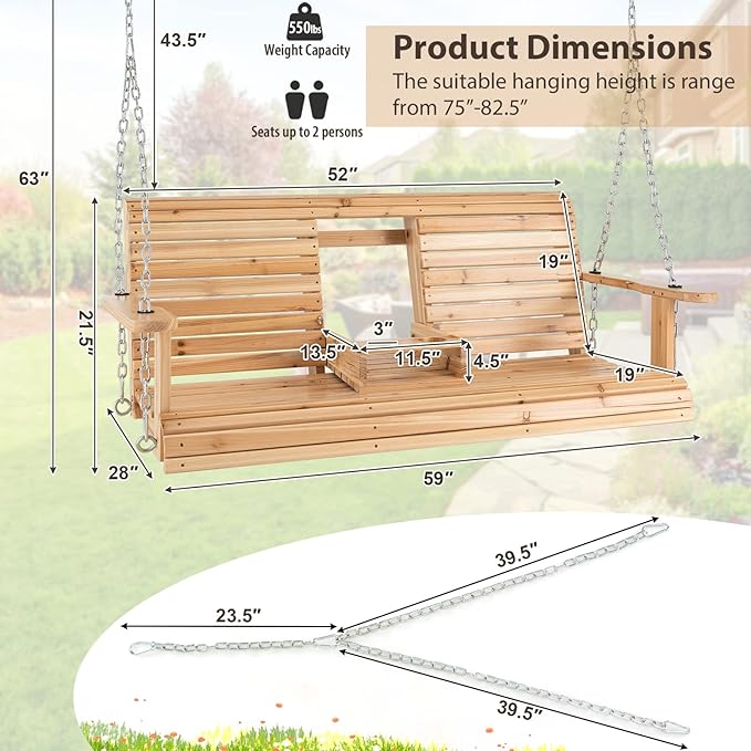 Tangkula 2 Person Hanging Porch Swing, Outdoor Bench Swing with Adjustable Chains, Foldable Cup Holders, High Back - Photo 7