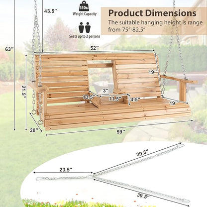 Tangkula 2 Person Hanging Porch Swing, Outdoor Bench Swing with Adjustable Chains, Foldable Cup Holders, High Back, Cozy Armrests, Wooden Hanging Swing Chair for Backyard Deck Garden Natural