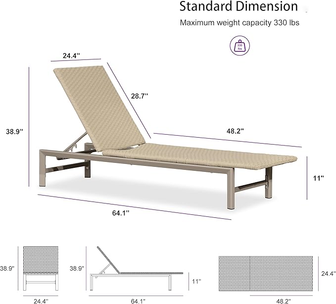 PURPLE LEAF Patio Chaise Lounge Chairs Outdoor 1 Piece, Wicker Pool Lounge Chairs for Outside with Adjustable Backrest, Aluminum Sunbathing Lounger for Patio, Poolside, Garden, Khaki