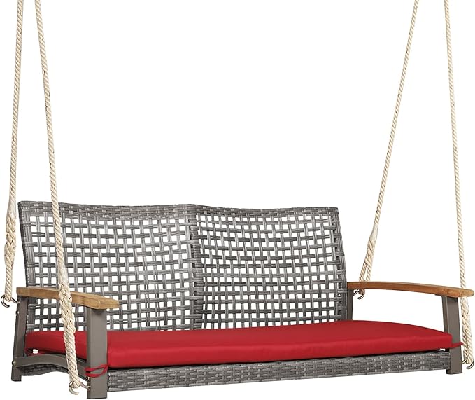 RELAX4LIFE 2-Seater Outdoor Porch Swing - Patio PE Rattan Hanging Swing Bench with Seat Cushion and Strong Hanging Ropes - Photo 1