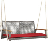 RELAX4LIFE 2-Seater Outdoor Porch Swing - Patio PE Rattan Hanging Swing Bench with Seat Cushion and Strong Hanging Ropes - Photo 1