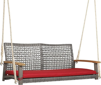 RELAX4LIFE 2-Seater Outdoor Porch Swing - Patio PE Rattan Hanging Swing Bench with Seat Cushion and Strong Hanging Ropes, Wicker Swing Loveseat Bench for Porch, Backyard, Garden, 800 lbs (Red)