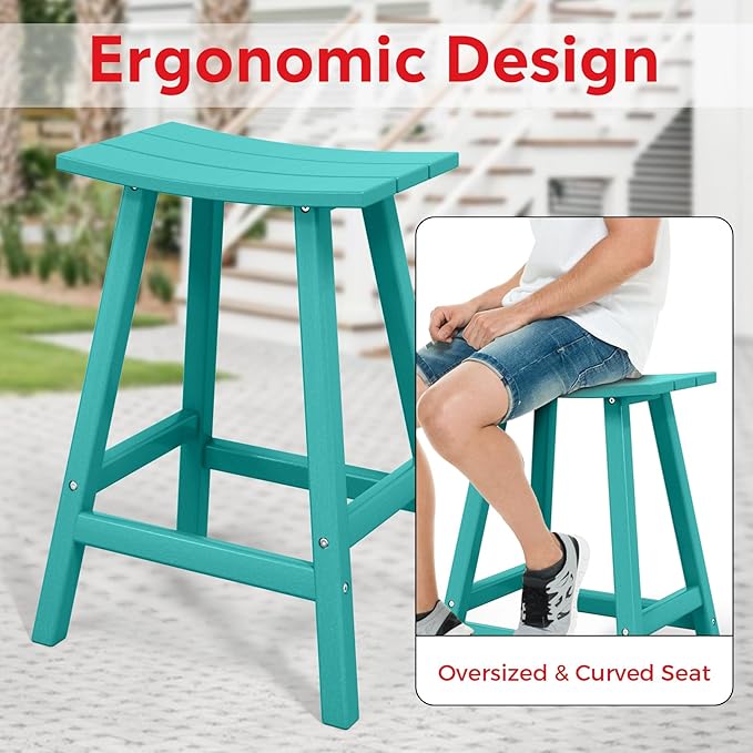 Costaelm All-Weather Bar Stools Set of 3, 24" Height Outdoor Bar Stools, Adirondack Poly Patio Bar Stool for Patio, Deck, Kitchen Counter and Garden, Turquoise