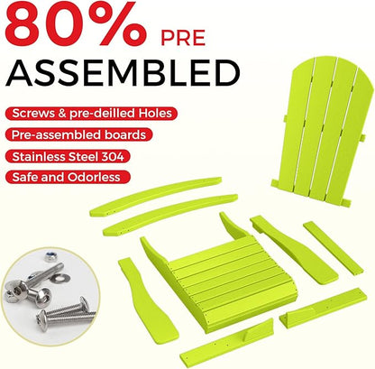 Costaelm Outdoor Adirondack Chair Set of 2, All Weather Resistant Classic Balcony Chair and Fire Pit Chairs, Adirondack Plastic Outdoor Porch Furniture Rocking Chair High Back HDPE Poly Lumber, Lime