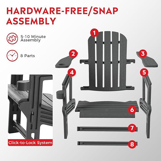 Costaelm Cayman Hardware-Free Assembly Outdoor Patio HDPE Poly Plastic Adirondack Chair with Cup Holder (Set of 2), Gray