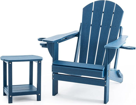 Folding Adirondack Chair Set with Side Table - HDPE Outdoor Patio Chairs, Weatherproof Chair with Reclining Back, Cup & Phone Holder, and 2-Tier Storage End Table for Firepit or Garden (Blue)