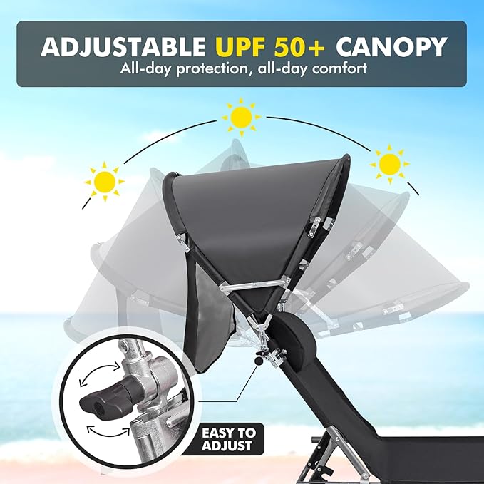 Tanning Chair with Sun Canopy Face Hole Softer Padded Adjustable Washable, Heavy Duty Layout Folding Lounge Chair for Adults Outside Beach Reading Sunbathing Poolside Lawn, UPF 50+ Sun Shade, 300 LBS