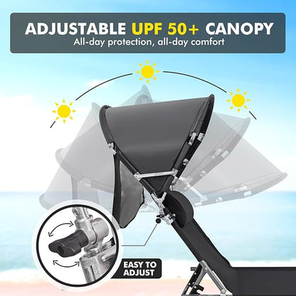 Oversized Extra Wide Tanning Chair with Sun Canopy Face Hole Padded Adjustable Washable, Heavy Duty Layout Folding Lounge Chair for Outside Beach Reading Sunbathing, UPF 50+, XL, Plus Size, 330 LBS