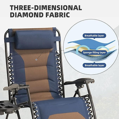 Zero Gravity Chair Set of 2 Oversized Padded Recliner with Adjustable Headrest & Cup Holder - 600D Oxford Folding Lounge Chair for Outdoor Camping, Patio, Poolside (Brown & Blue)