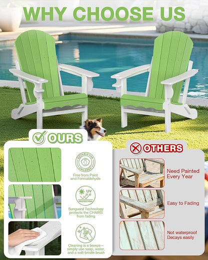 Folding Adirondack Chair –Recyclable HDPE Outdoor Adirondack Patio Chair with Cup Holder, Wood Texture & Umbrella Hole, 25-Year Fade-Free All Weather for Fire Pit, Porch, Poolside, Deck, Lime & White
