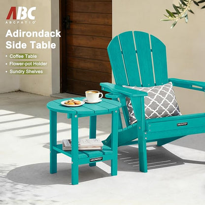 Outdoor Side Table Round - Patio Side Tables - HDPE Small Outdoor End Table for Backyard Pool Porch Balcony - Double Layer Storage - Turquoise (Wood Grain Finish)
