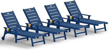 YEFU Lounge Chair Outdoor Set of 4: Outdoor Chaise Lounge with 5-Level Adjustable Backrest, Cup Holders & Wheels, All-Weather Resistance Chaise Lounge for Outside/Patio/Beach/Deck, Navy Blue