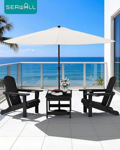 SERWALL Outdoor Coffee Table with 9FT Umbrella, HDPE Patio Coffee Table for Outside, Rectangle, Black(Not Include Umbrella Base)