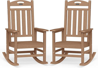 Oversized Rocking Chairs Outdoor Set of 2, High Back Porch Rocking Chair, HDPE All Weather Resistant Patio Chairs, 380lbs Weight Capacity, Teak