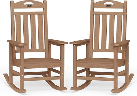 Oversized Rocking Chairs Outdoor Set of 2, High Back Porch Rocking Chair, HDPE All Weather Resistant Patio Chairs, 380lbs Weight Capacity, Teak