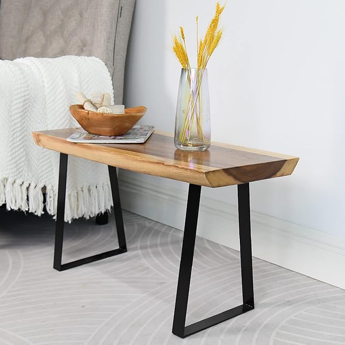 Natural Solid Wood Bench 32"x14"x18"H Live Edge Wooden Entryway Bench Rustic Rectangle Coffee Side Table Living Room Bedroom Bathroom Patio Outdoor Garden Foot Rest Stool