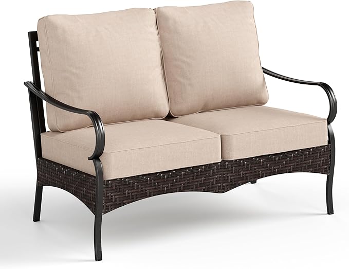 PHI VILLA Wicker & Metal Outdoor 2-Seat Patio Couch, Patio Sofa Loveseat with Deep Seating for Front Porch, Deck - Photo 8