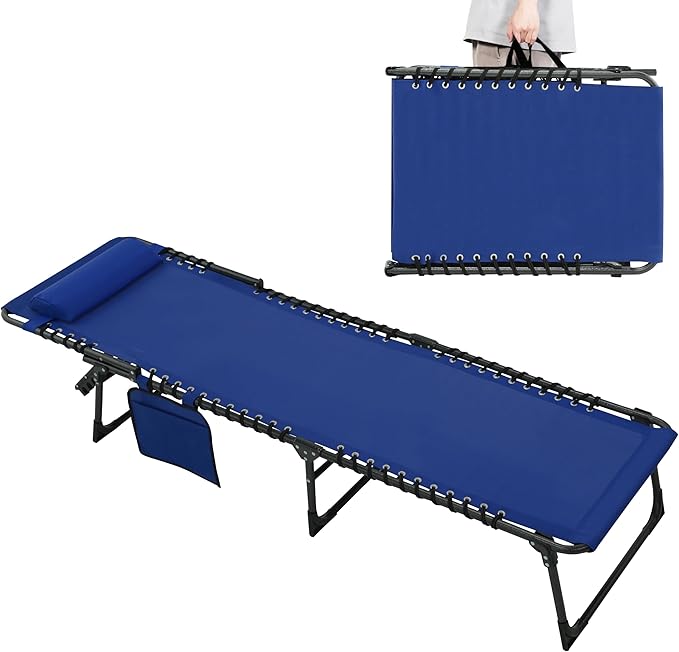 Outdoor Foldable Lounge Chair, Chaise Lounge Outdoor with Detachable Pillow & Pocket, Portable Tanning Chair with 5 Position Adjustable Back, Patio, Beach and Pool, Blue