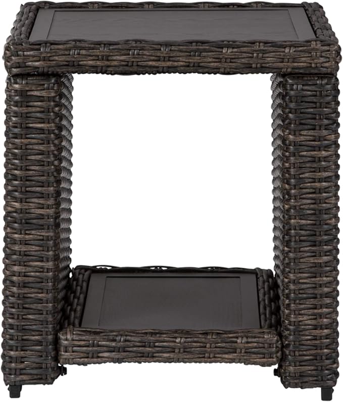 BOWERY HILL Square Patio End Table, 22.25 in H x 19.75 in W x 20 in D, All-Weather Resin Wicker with Rust-Proof Aluminum Frame, Brown Finish, Outdoor Table for Patio or Garden Use