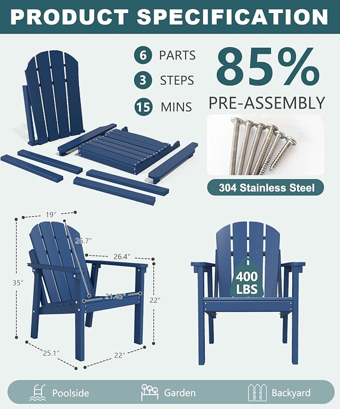 Adirondack Chair Set of 2, All Weather HDPE Fire Pit Chairs, Oversized Plastic Adirondack Chair for Outdoor, Balcony - Photo 2
