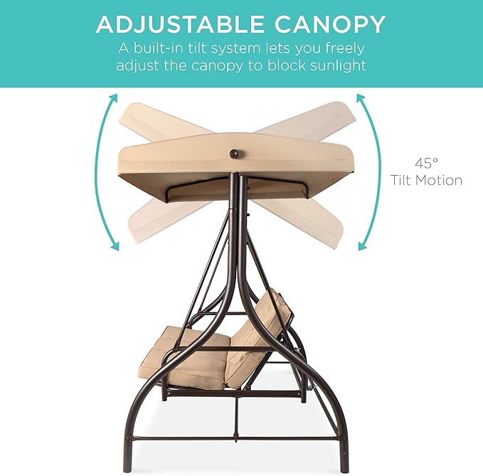 Best Choice Products 3-Seat Outdoor Large Converting Canopy Swing Glider, Patio Hammock Lounge Chair for Porch, Backyard w/Flatbed, Adjustable Shade, Removable Cushions - Tan
