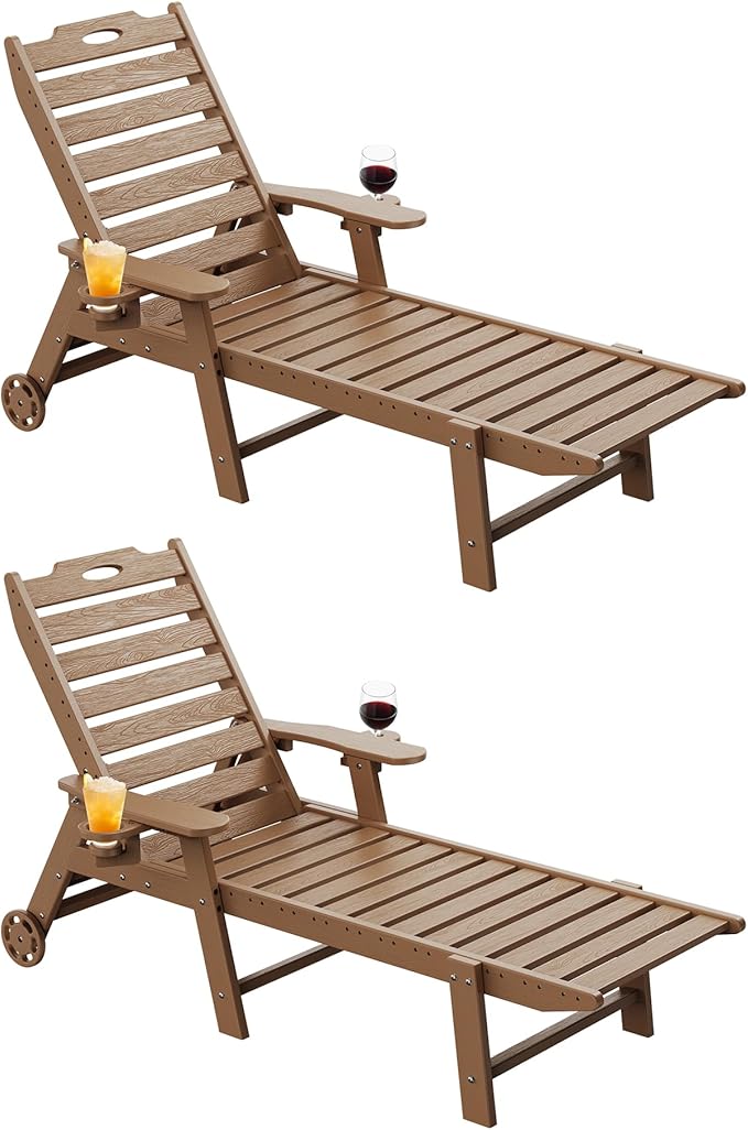 Carauci Lounge Chair Outdoor Set of 2, HDPE Chaise Lounge with Wheels - Photo 1