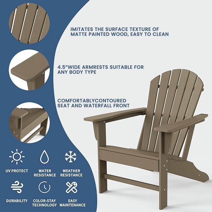Farmhouse Adirondack Chair Set of 2, Poly Lumber Patio Chairs, Pre-Assembled Weather Resistant Outdoor Chairs for Pool, Deck, Backyard, Garden, Fire Pit Seating, Weather Wood