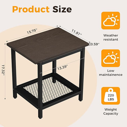 2-Tier Outdoor Side Table with Storage, Weather Resistant Patio End Table, HDPS Small Accent Table for Deck, Garden, Pool, Backyard, Brown