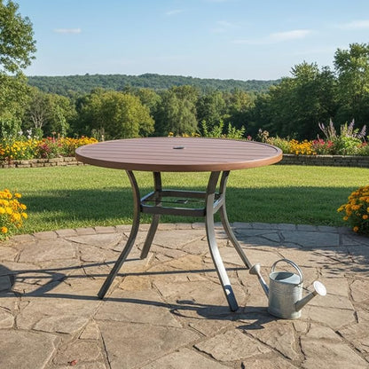 Round Outdoor Dining Table, 41-inch All-Weather Patio Table with Adjustable Umbrella Hole for Deck Lawn Garden Backyard Balcony Deck, Metal Frame Slatted Tabletop