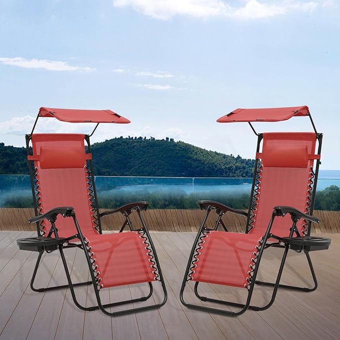 Athena Collection Patio Chairs Set of 2 Reclining Lounge Chair with Cup Holder and Pillow Fabric Camping Chairs with Canopy Foldable Beach Chairs for Garden, Park, Deck, Yard, Poolside, Maroon