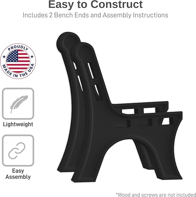 RTS Home Accents Custom Length Lightweight Indoor or Outdoor Bench Ends with Backrest (Wood & Screws Sold Separately), Black