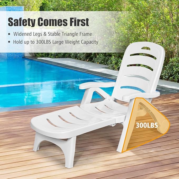 COSTWAY 2PCS Folding Chaise Lounge with Wheels, 5-Position Adjustable Recliner for Sunbathing, Seaside (White) - Photo 7