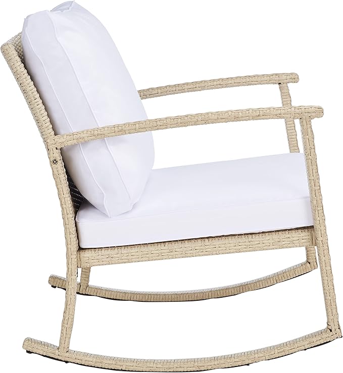 SAFAVIEH Outdoor Collection Daire Woven Beige/White Cushion Rocking Chair for Patio Porch Backyard Sunroom