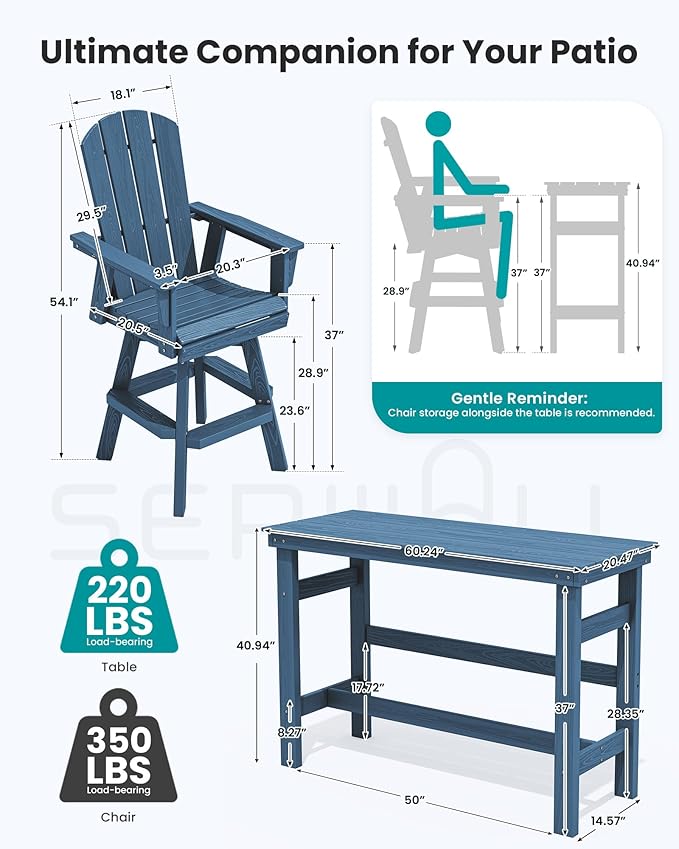 SERWALL 5-Piece Swivel Adirondack Bar Set, HDPE Swivel Bar Height Chairs Set of 4 with Bar Table - Photo 2