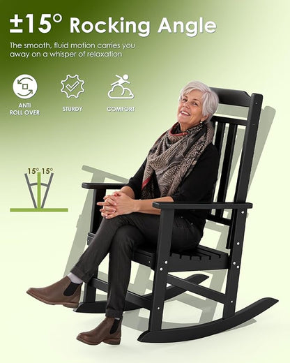 GREENVINES Outdoor-Rocking-Chair | HDPE Plastic | Patio Rockers | Porch Rocker Chairs | Oversized | High Back | Big & Tall | Black