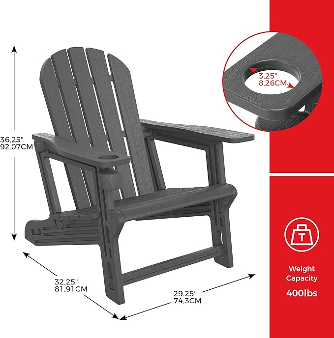 Costaelm Cayman Hardware-Free Assembly Outdoor Patio HDPE Poly Plastic Adirondack Chair with Cup Holder (Set of 2), Gray