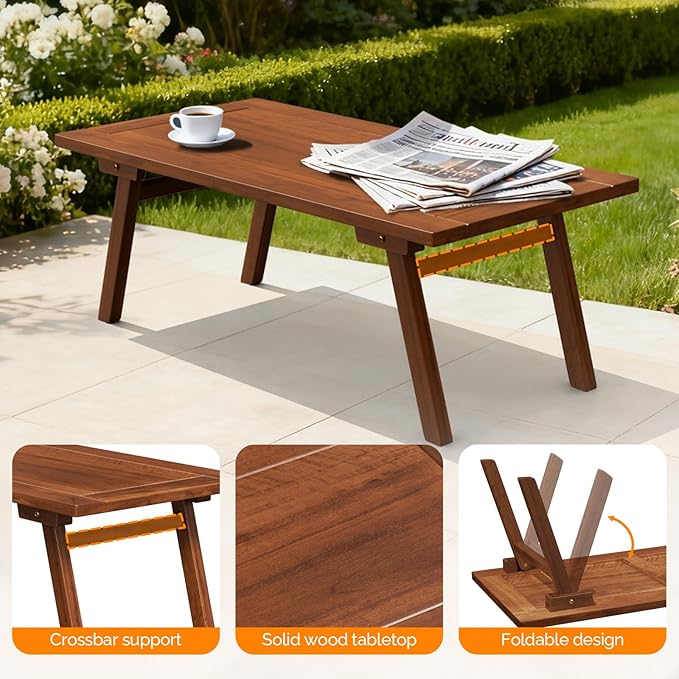 VINGLI Outdoor Folding Coffee Table, Natural Poplar Wood Patio Coffee Table, No Assembly Required, Ideal for Balcony - Photo 8