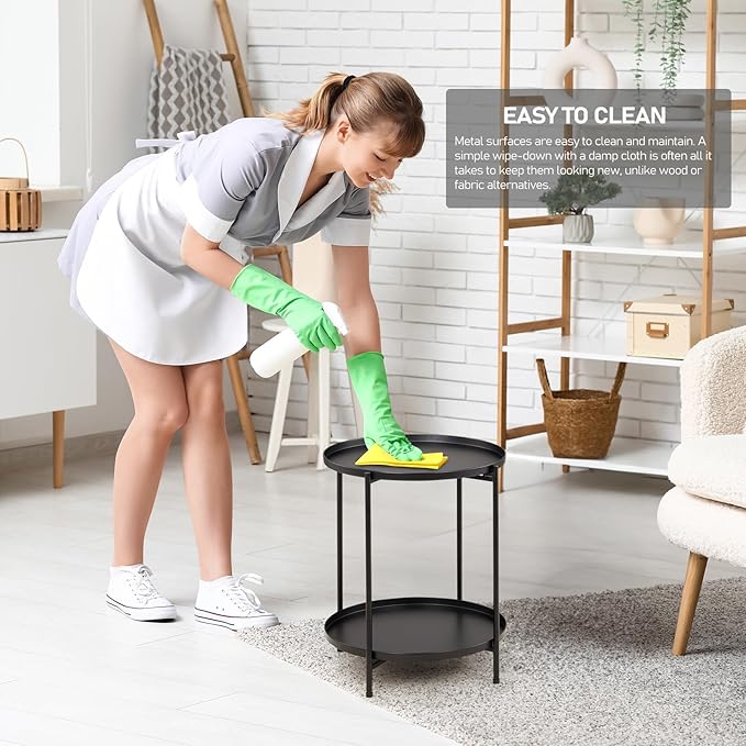 Outvita 2 Tier End Table, Metal Side Table with Removable Tray Indoor and Outdoor,Small Waterproof Accent Table for Bedroom Balcony Patio Living Room and Office, Set of 2(Black)