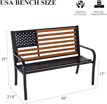 50" Outdoor Garden Bench, Cast Iron Metal Frame Patio and Porch Welcome Benches with Classic Americana Style Backrest and Weatherproof Seat, Park Decorative Memorial Bench (Black & Woodgrain Colors)