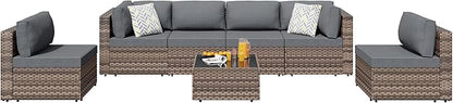 SUNLEI 7 Piece Patio Furniture Sets, Low Back All-Weather Rattan Sectional Sofa with Tea Table&Washable Couch Cushions, Patio Furniture Sets, Brown Rattan
