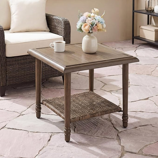 Loungewave Square Outdoor Side Table, 2-Tier Storage Patio Side Table, 20in Wicker Rattan Coffee Table, Metal End Table, Indoor Outdoor Wicker Small Table for Patio, Pool, Porch (Brown)