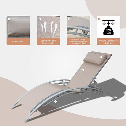 Domi Pool Lounge Chair Set of 3, Outdoor Chaise Lounge with Side Table, Adjustable Garden Aluminum Reclining Chair for Pool Beach Sunbathing Chair (Khaki)