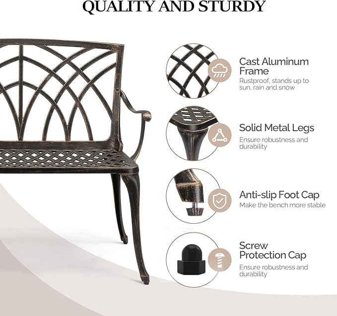 VINGLI 38" Outdoor Metal Bench, Cast Aluminium Garden Bench, Weatherproof Antique Finish Orchid Chair - Photo 4